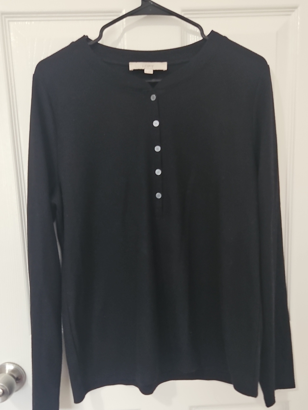 LOFT Black Waffle Knit Long Sleeve Henley Top - Size XL